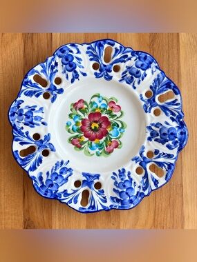 Vintage Jay Willfred Portugal Hand Painted Blue Floral Pierced Ceramic Plate